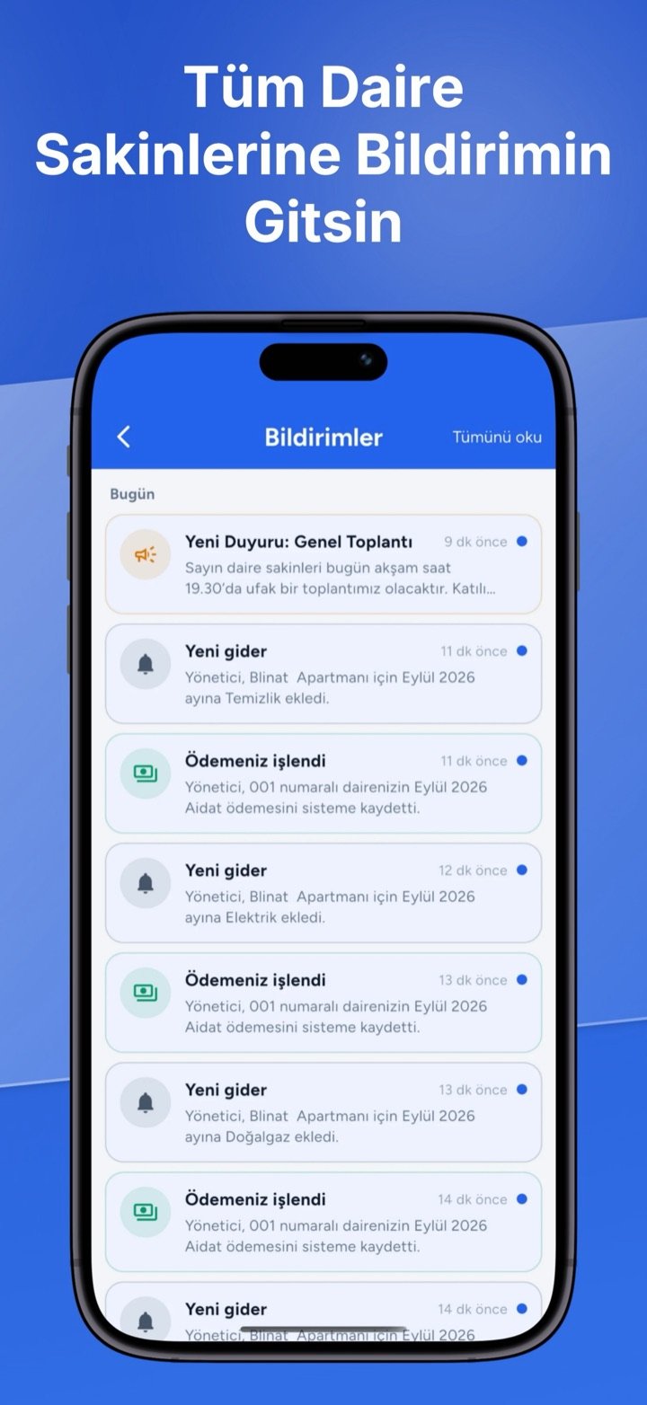 Blinat bildirimler: aidat, gider ve duyuru bildirim listesi
